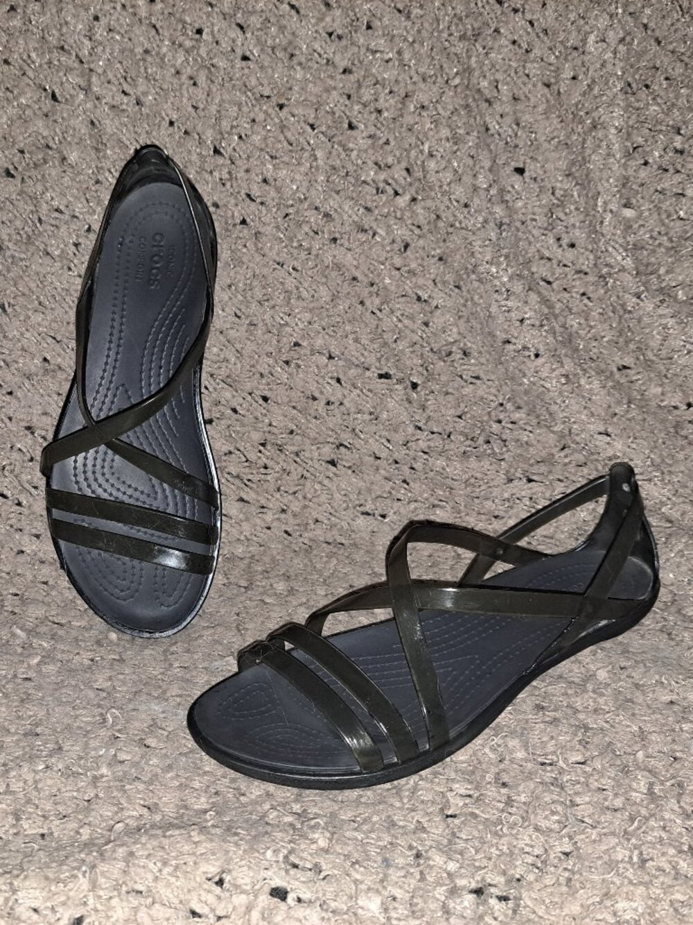 CROCS-Isabella Sandals-Translucent Black Strappy Flats-Size 7-Excellent